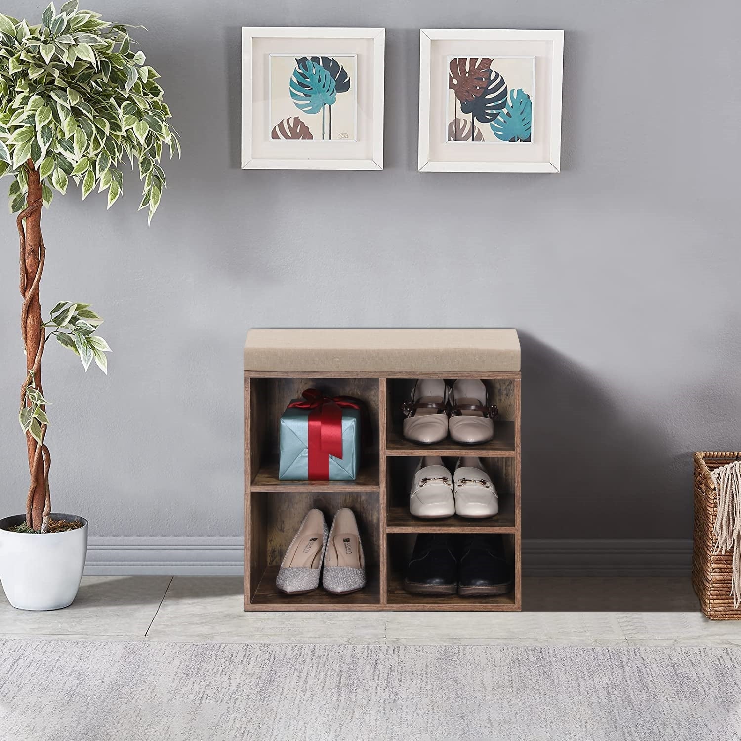 5-cubbies Small Shoe Storage Bench with Padded Cushion-MFSTUDIO