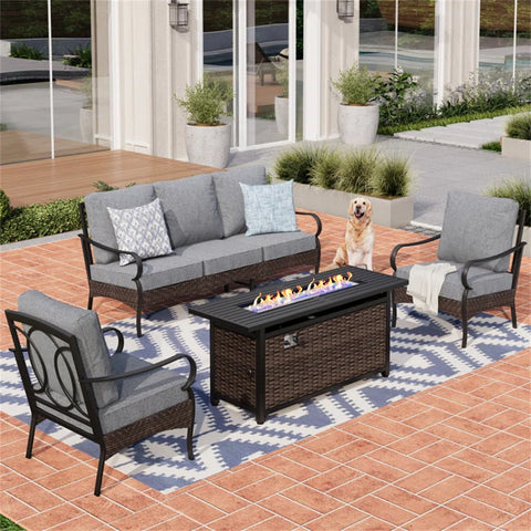 5-Seater Rattan-steel Luxurious Outdoor Sofa Set with 56" Fire Pit Table