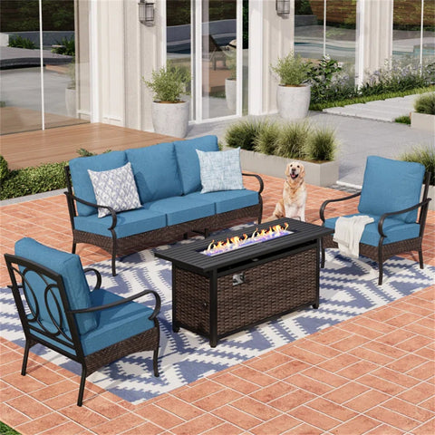 5-Seater Rattan-steel Luxurious Outdoor Sofa Set with 56" Fire Pit Table