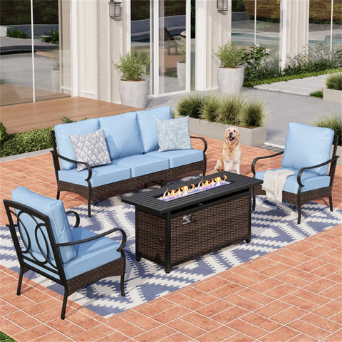 5-Seater Rattan-steel Luxurious Outdoor Sofa Set with 56" Fire Pit Table