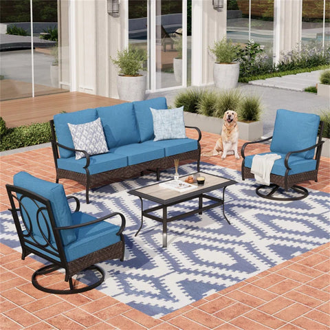 5-Seat Thick Cushion Steel-Rattan Patio Conversation Sofa Set with Coffee Table