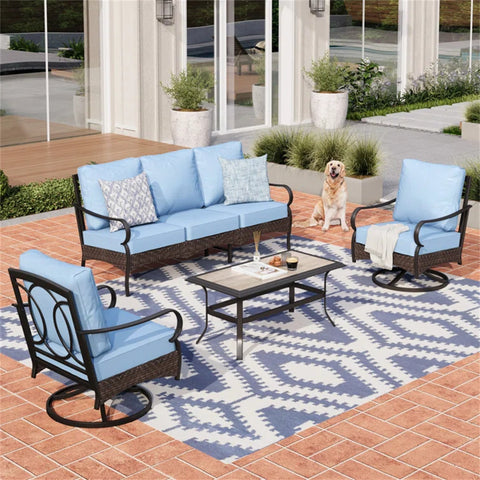 5-Seat Thick Cushion Steel-Rattan Patio Conversation Sofa Set with Coffee Table