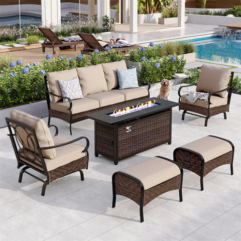 7-Seater Rattan-steel Luxurious Outdoor Sofa Set with 56" Fire Pit Table