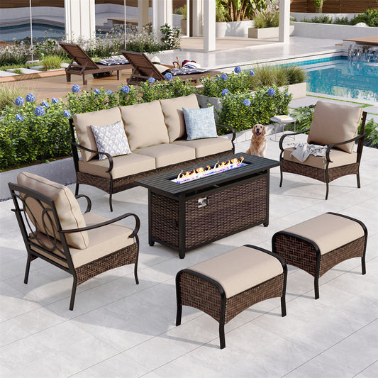 7-Seater Rattan-steel Luxurious Outdoor Sofa Set with 56" Fire Pit Table