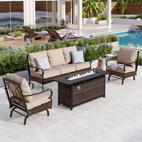 5-Seater Rattan-steel Luxurious Outdoor Sofa Set with 56" Fire Pit Table