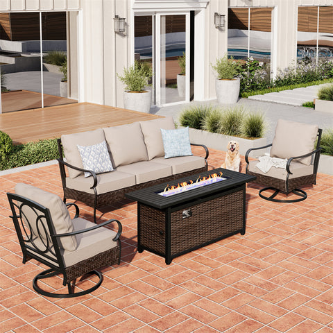 5-Seater Rattan-steel Luxurious Outdoor Sofa Set with 56" Fire Pit Table