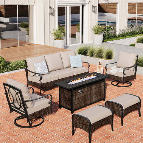 7-Seater Rattan-steel Luxurious Outdoor Sofa Set with 56" Fire Pit Table