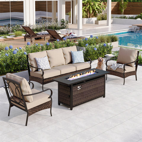 5-Seater Rattan-steel Luxurious Outdoor Sofa Set with 56" Fire Pit Table