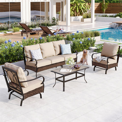 5-Seat Thick Cushion Steel-Rattan Patio Conversation Sofa Set with Coffee Table