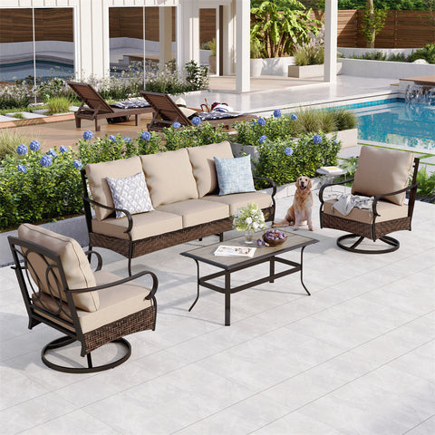 5-Seat Thick Cushion Steel-Rattan Patio Conversation Sofa Set with Coffee Table