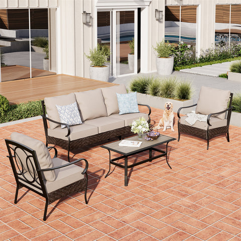 5-Seat Thick Cushion Steel-Rattan Patio Conversation Sofa Set with Coffee Table