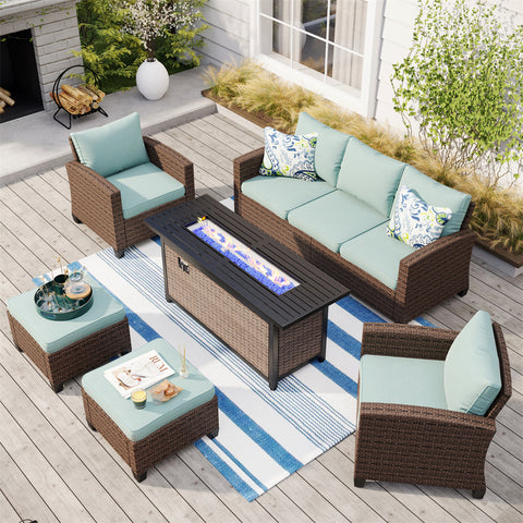 Upgraded Rattan Outdoor Sofa with 56" Rattan Fire Pit Table