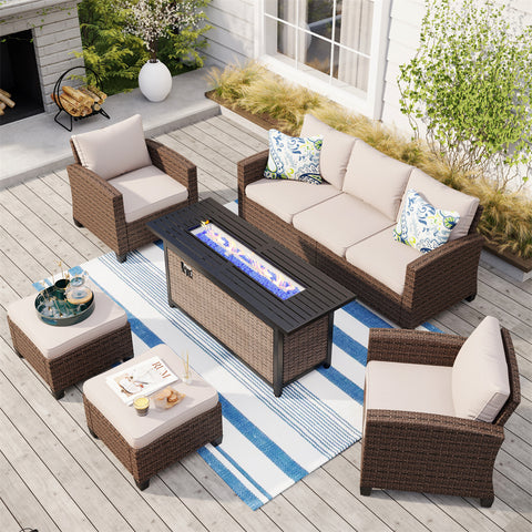 Upgraded Rattan Outdoor Sofa with 56" Rattan Fire Pit Table