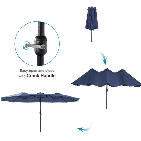 8-Piece 13ft Umbrella Patio Dining Set with Denim Blue / Grey Textilene Swivel Chair