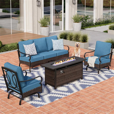 5-Seater Rattan-steel Luxurious Outdoor Sofa Set with 56" Fire Pit Table