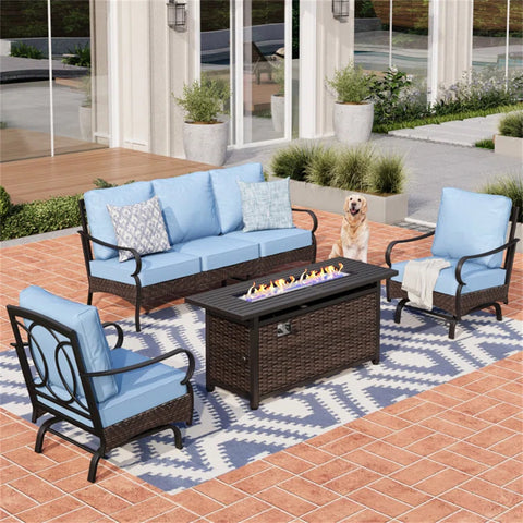 5-Seater Rattan-steel Luxurious Outdoor Sofa Set with 56" Fire Pit Table