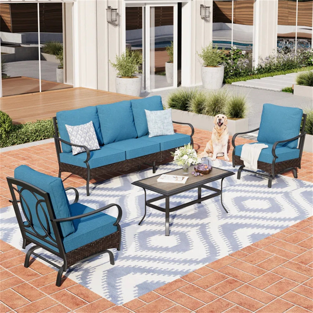 5-Seat Thick Cushion Steel-Rattan Patio Conversation Sofa Set with Coffee Table