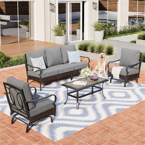 5-Seat Thick Cushion Steel-Rattan Patio Conversation Sofa Set with Coffee Table