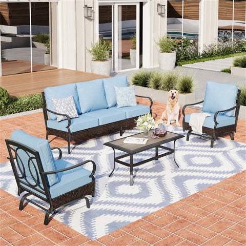5-Seat Thick Cushion Steel-Rattan Patio Conversation Sofa Set with Coffee Table