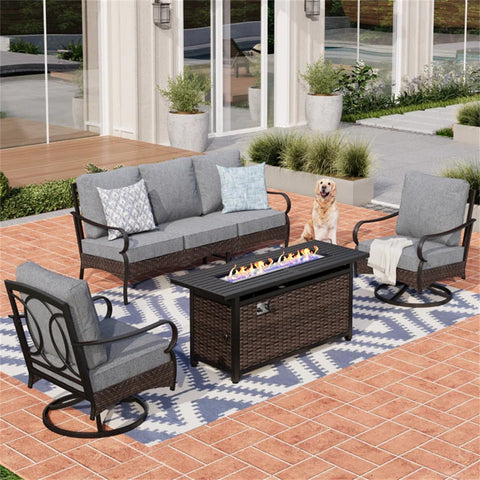 5-Seater Rattan-steel Luxurious Outdoor Sofa Set with 56" Fire Pit Table