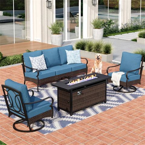 5-Seater Rattan-steel Luxurious Outdoor Sofa Set with 56" Fire Pit Table