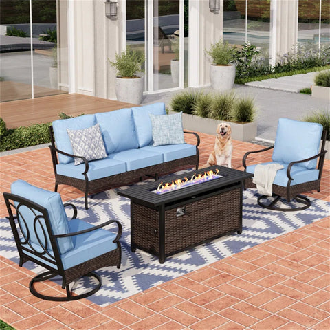 5-Seater Rattan-steel Luxurious Outdoor Sofa Set with 56" Fire Pit Table