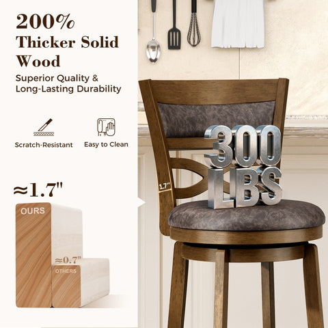 PHI VILLA Rustic Wood Bar Stool with Unique X-Shaped Upholstered Back for Kitchen