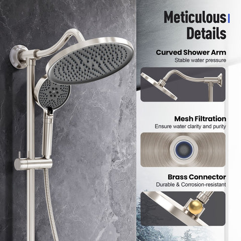Brushed Nickel Multi-Function Rain Shower Head with Handheld Spray and Adjustable Height