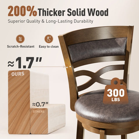PHI VILLA Rustic Wood Bar Stool with Unique X-Shaped Upholstered Back for Kitchen