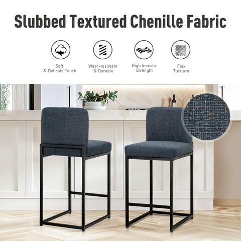 24 Inch Counter Height Bar Stool Chenille Upholstered with Backrest- Set of 4