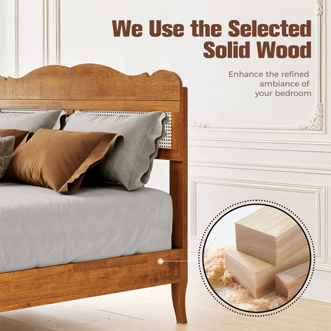 Classic Wooden Bed Frame with Rattan Headboard