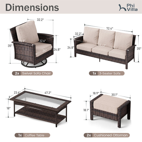 5 Seats Wicker Patio Conversation Sofa Set with Swivel Chairs