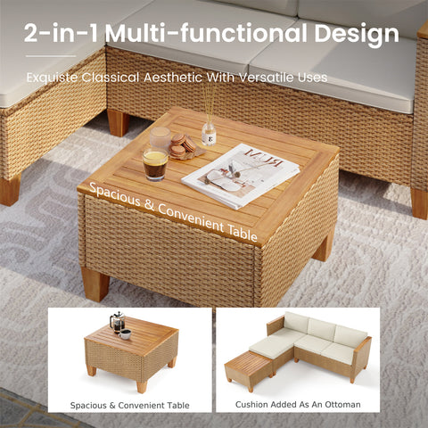 Outdoor Rattan Conversation Sofa Set with Acacia Wood Coffee Table
