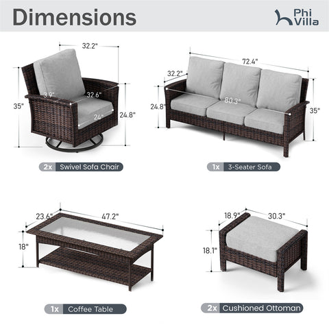 5 Seats Wicker Patio Conversation Sofa Set with Swivel Chairs