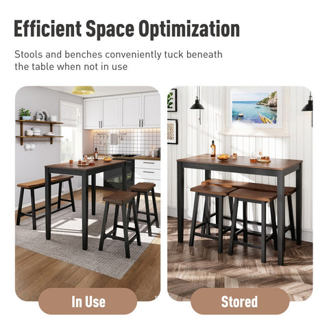 4-Piece Solid Wood Bar Table Set with Saddle Stools and Bench