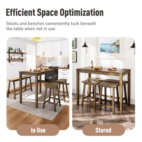 4-Piece Solid Wood Bar Table Set with Saddle Stools and Bench