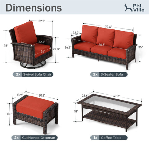5 Seats Wicker Patio Conversation Sofa Set with Swivel Chairs