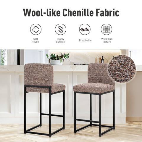 24 Inch Counter Height Bar Stool Chenille Upholstered with Backrest- Set of 4