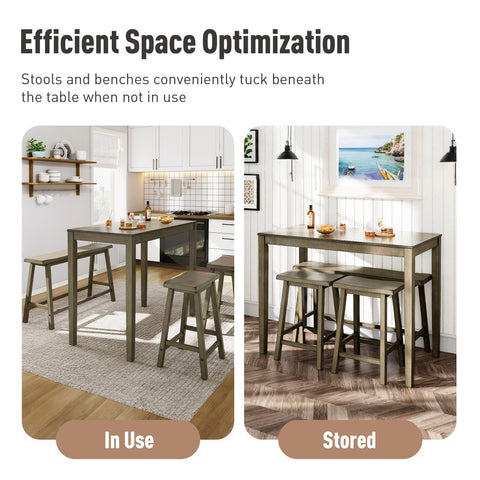 4-Piece Solid Wood Bar Table Set with Saddle Stools and Bench