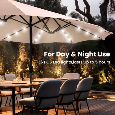 15ft Extra Large Double-Sided Patio Umbrella with Solar Powered LED Lights (Base Included)