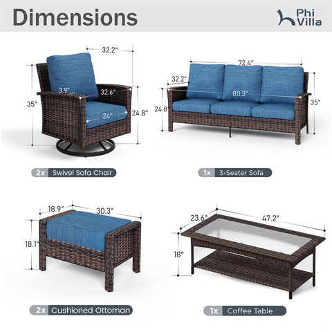5 Seats Wicker Patio Conversation Sofa Set with Swivel Chairs
