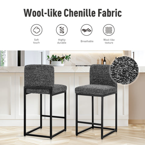 24 Inch Counter Height Bar Stool Chenille Upholstered with Backrest- Set of 4