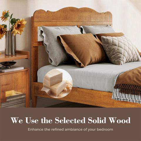 Classic Wooden Bed Frame with Rattan Headboard
