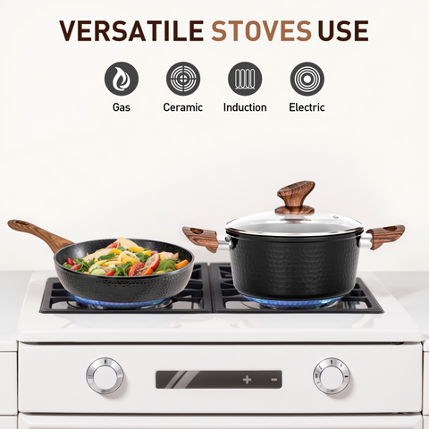 Kitchen Academy 15 Pieces Induction Black Hammered Finish Nonstick Pots and Pans Set
