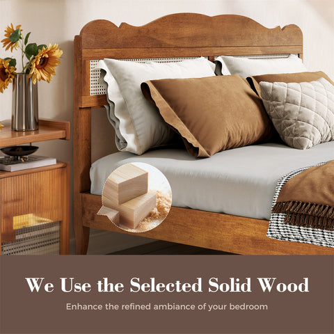 Classic Wooden Bed Frame with Rattan Headboard