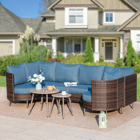 Outdoor Round Curved Wicker Conversation Sofa Set with Navy Cushions and 2 Coffee Tables