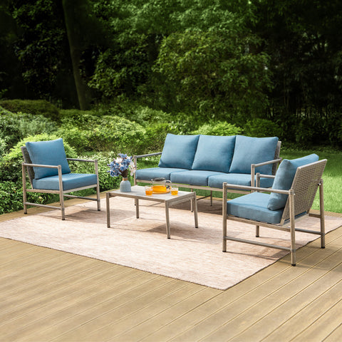 5/7-Seat Outdoor Steel and Rattan Sofa with Wood Grain Coffee Table