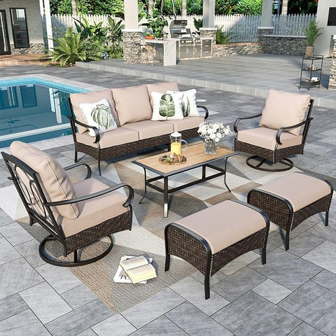 7-Seat Steel-Rattan Patio Conversation Sofa Set with Thick Cushions