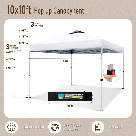 10'x10' Pop-up Canopy Tent with 3 Adjustable Height and Roller Bag