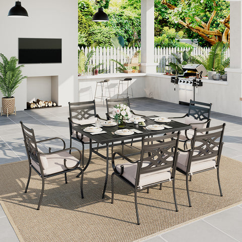 7-Piece Outdoor Dining Set Steel Panel Table & Elegant Cast Iron Pattern Dining Chairs